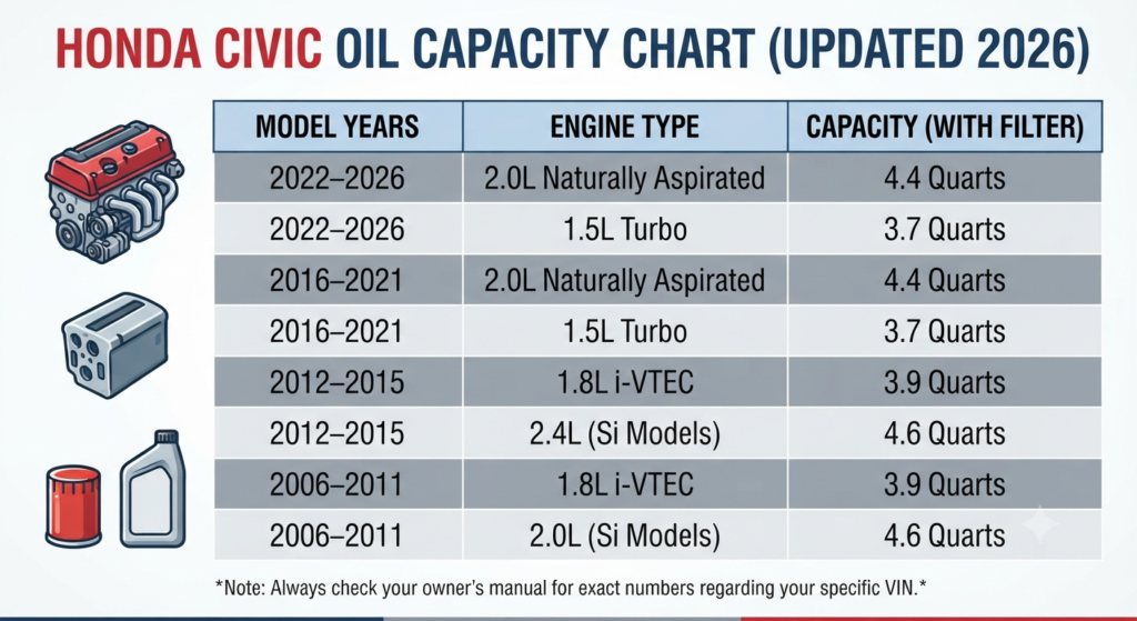 Honda Civic Oil Capacity Chart (Updated 2026)