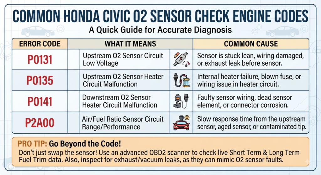 Common Check Engine Codes Related to Civic O2 Sensors