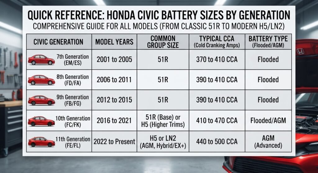 Quick Reference: Honda Civic Battery Sizes by Generation